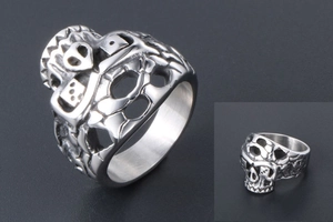 Detailed view of punk skull and dice hollow carving on stainless steel ring