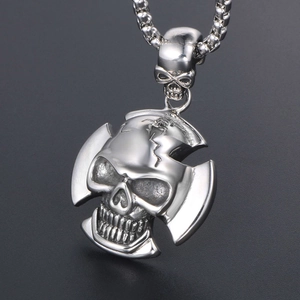 Retro punk skull pendant made of polished stainless steel with crack details and bead chain