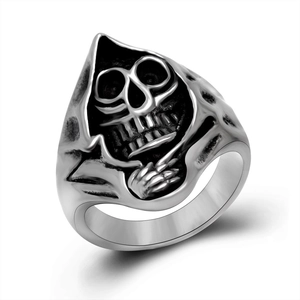 Vintage silver skull ring with distressed finish and detailed grim reaper carving