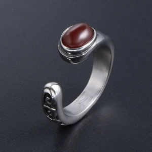 Retro titanium steel ring with oval brown agate gemstone and vintage carvings