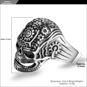 Detailed view of punk skull ring dimensions with gear and star engravings