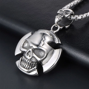 Punk vintage stainless steel skull pendant necklace with silver cross on leather background