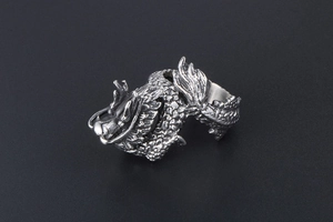 Macro detail of retro silver dragon ring showing intricate scales and antique finish textures