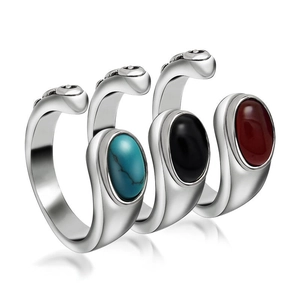 Retro titanium steel open rings set with turquoise, onyx, and agate stones on white background