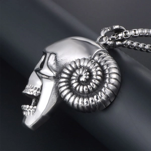 Vintage ram horn skull pendant necklace in silver titanium steel with square pearl chain