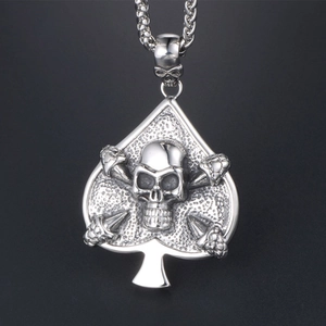 Vintage punk skull spade pendant necklace in silver finish with metal wheat chain for men