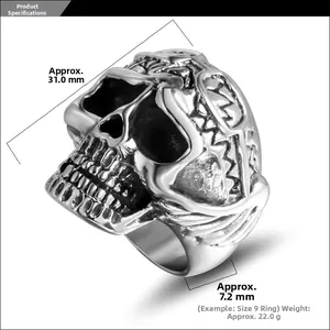 Detailed view of punk skull ring in titanium steel with 31mm height and size 9 measurements