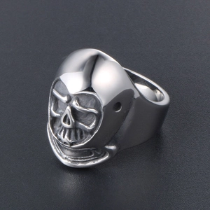 Polished stainless steel skull ring with hooded mask design and vintage blackened accents