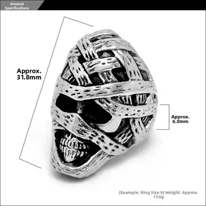 Detailed size specifications for the mummy skull punk ring in durable titanium steel