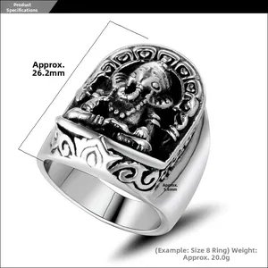 Detailed view of Ganesha relief ring with vintage silver finish and size measurements