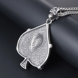 Retro stainless steel Ace of Spades pendant with skull detail and twist chain for men