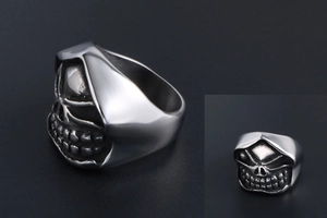 Detailed side view of hooded reaper skull ring in vintage blackened stainless steel