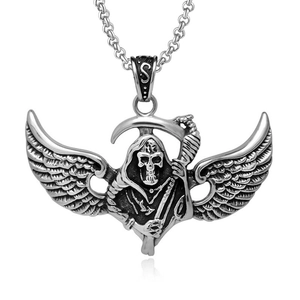 Gothic Stainless Steel Grim Reaper Wings Pendant Necklace For Men Punk Skull Scythe Ghost Biker Vintage Silver Jewelry