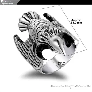 Detailed dimensions of the vintage eagle ring in antique silver steel showing measurements