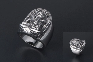 Detailed relief of Lord Ganesha on vintage titanium steel ring for men in silver finish