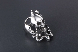 Détail macro d'une bague tête de mort gothique avec serpent en acier inoxydable poli