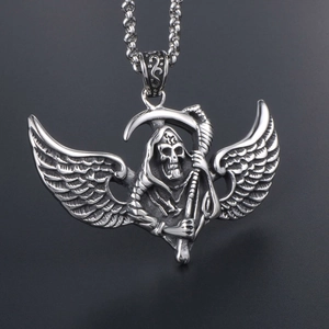 Gothic flying grim reaper pendant in vintage steel finish with skeletal wings and scythe