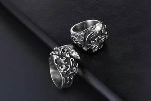 Detailed relief of koi fish and sea waves on vintage silver steel rings for men