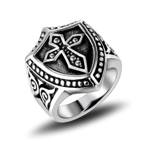 Vintage Titanium Steel Cross Shield Ring For Men Gothic Punk Retro Engraved Band Ring Biker Religious Jewelry Accessory