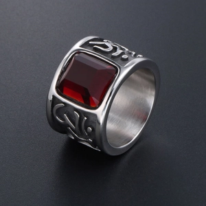 Vintage stainless steel wide ring with square red gemstone and religious engravings
