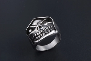 Macro detail of gothic skull ring in vintage oxidized titanium steel with dark accents