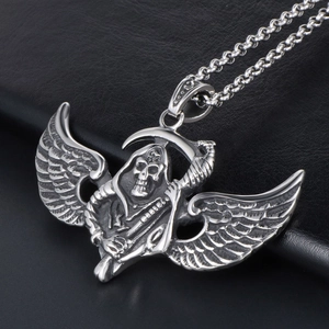 Gothic flying grim reaper pendant in vintage silver steel with skull wings and scythe