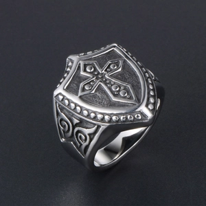 Vintage gothic titanium steel shield ring with embossed cross and floral patterns