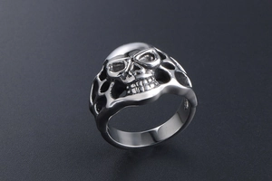 Macro detail of gothic skull ring with hollow mesh sides in polished stainless steel