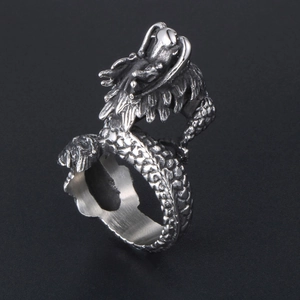 Men's retro silver dragon ring with intricate scale texture and gothic dragon head