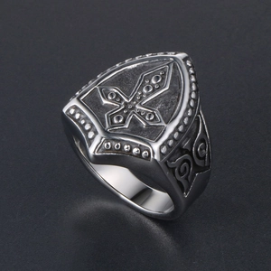 Vintage titanium steel shield ring with gothic cross and studded details for men