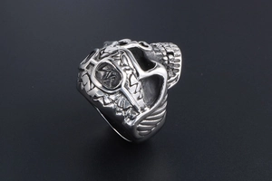 Detail of vintage punk skull ring featuring retro silver finish and side relief carving