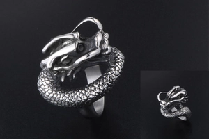 Detailed close-up of a retro stainless steel dragon head ring showing intricate carvings