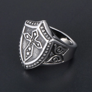 Men's vintage titanium steel cross shield ring with retro engraved scrolls