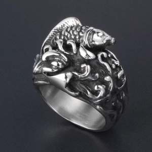 Vintage koi fish and ocean wave relief ring made of high-quality stainless steel