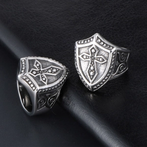 Vintage shield cross titanium steel ring for men with intricate scrollwork engraving