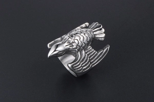 Close-up detail of vintage titanium steel bird ring with intricate feather texture