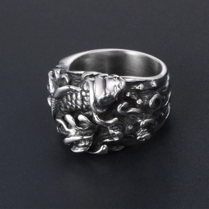 Silver stainless steel ring featuring vintage Chinese koi fish and ocean waves relief