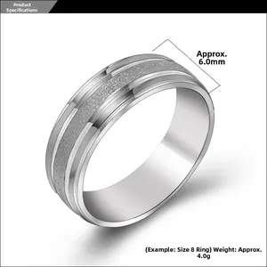 Detail view of 6mm wide matte and polished titanium steel ring with product specifications