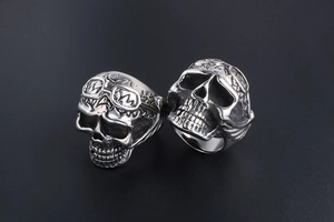 Detailed close-up of retro punk skull rings with vintage silver finish and goggles design