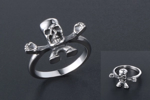 Detailed view of gothic punk skull ring featuring vintage oxidized silver finish texture