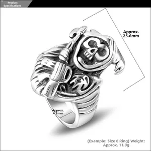 Detailed view of punk skull ring with 25.6mm top width and 11g weight specification
