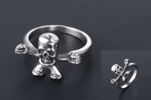 Detailed close-up of a stainless steel skull ring with a creative skeleton design