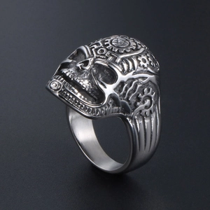 Vintage stainless steel skull ring with steampunk mechanical gear details for men