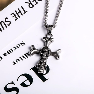 Punk Gothic Double Skull Cross Pendant Necklace Titanium Steel Retro Skeleton Biker Jewelry For Men Vintage Metal Charm