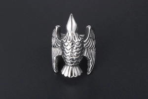 Detailed top view showing eagle bird ring with realistic feather textures and silver finish