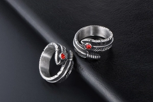Macro shot of gothic feather rings in vintage steel with red rhinestone center detail