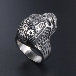 Vintage stainless steel punk skull ring with mechanical gear details for men