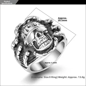 Detailed view of skull ring dimensions and weight metrics for men's vintage jewelry