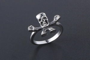 Close-up of a 3D skull figure stainless steel ring with a vintage matte silver finish