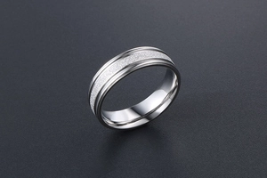 Macro detail of silver titanium steel ring with sandblasted matte finish and polished edges